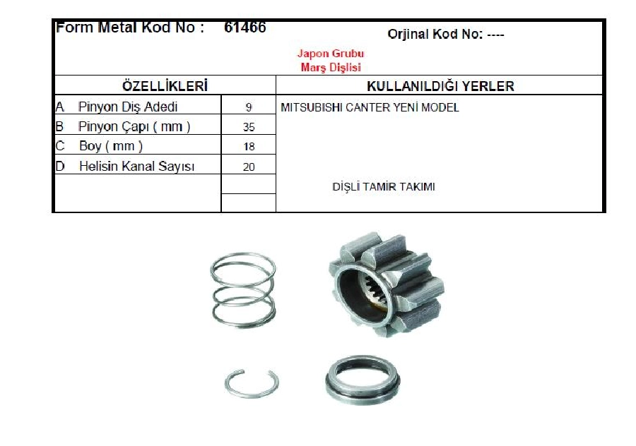 Marş Dişlisi Tamir Takımı - 9D Mitsubishi Canter Yeni Model FE449 | OEM 61466