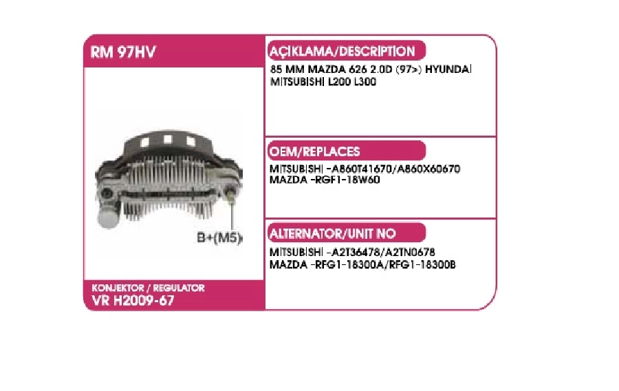 Diyot Tablası Mitsubishi Tip 85 2000 - 5mm Civatalı Mazda 626 2.0D (97 - ) Hyundai Mitsubishi L200 L300 | OEM RM97HV