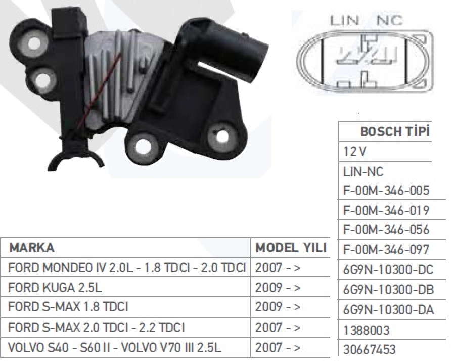 Konjektör 12V Bosch Tipi Transit, Smax, Frelander, F Mondeo 4-Kuga-S-Max - Volvo C30 - V40 | OEM TRS.YR.IB6056