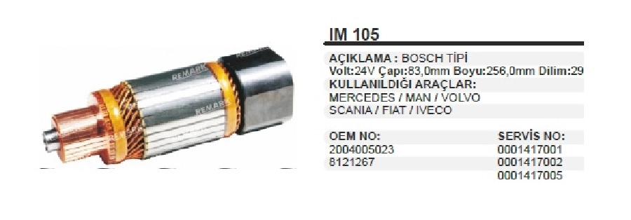 Marş Kollektörü Bosch Tip 24V Alfkb Orta MAN Volvo Scania İveco 29 Dilim Çap 83 2000 Uzunluk 256,0 2000 | OEM IM105