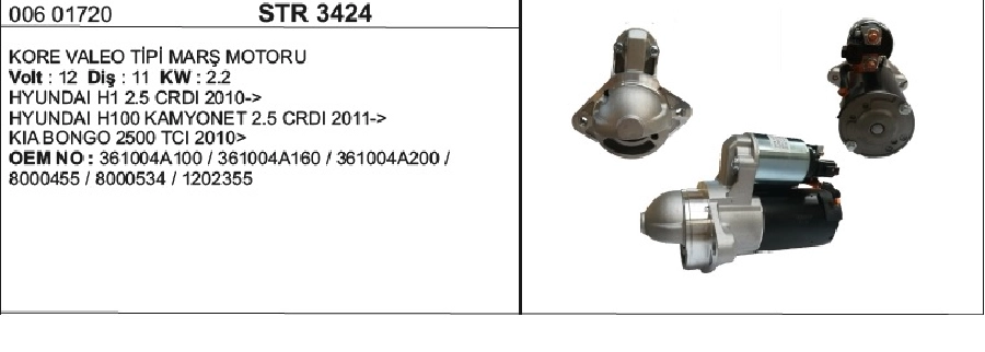 Marş Motoru 12V 11D 2,0KW * Kore * Hyundai H100-K2500-Kia Bongo 2.5 CRDI | OEM STR3424