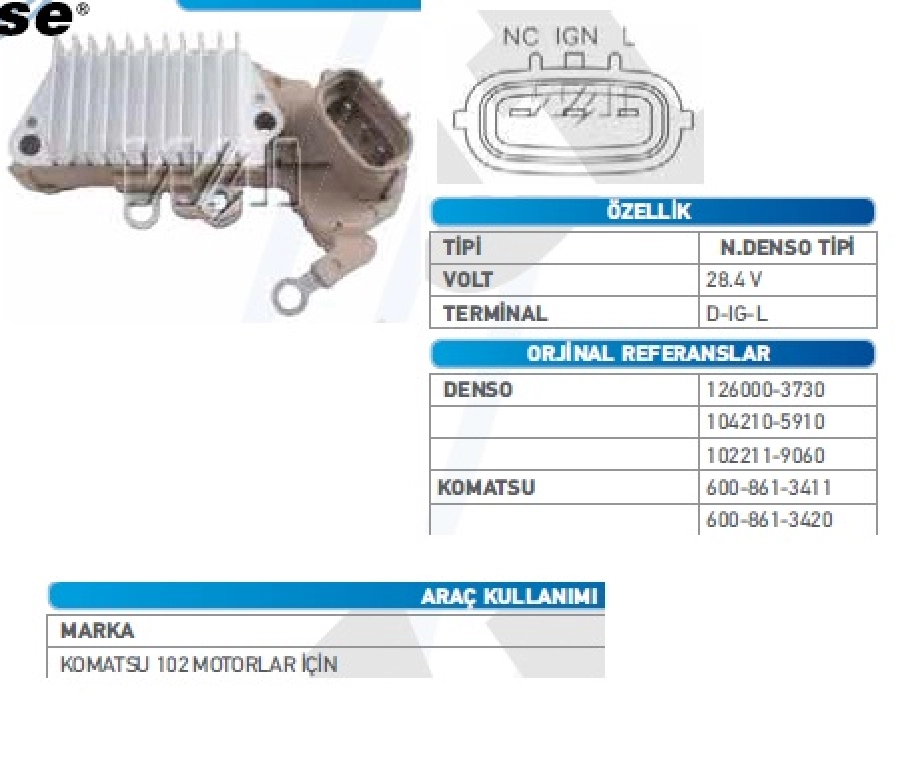 Konjektör Nippon Denso Tip - 24V 35AMP Komatsu WA250 (D-Ig-L) Uçlu | OEM VRH2005-151B