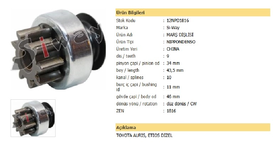 Marş Dişlisi 9D Denso Tipi 5 Kanal Toyota Yaris Corolla Auris Etıos Dizel Otomatik Vites | OEM 12NPD1816
