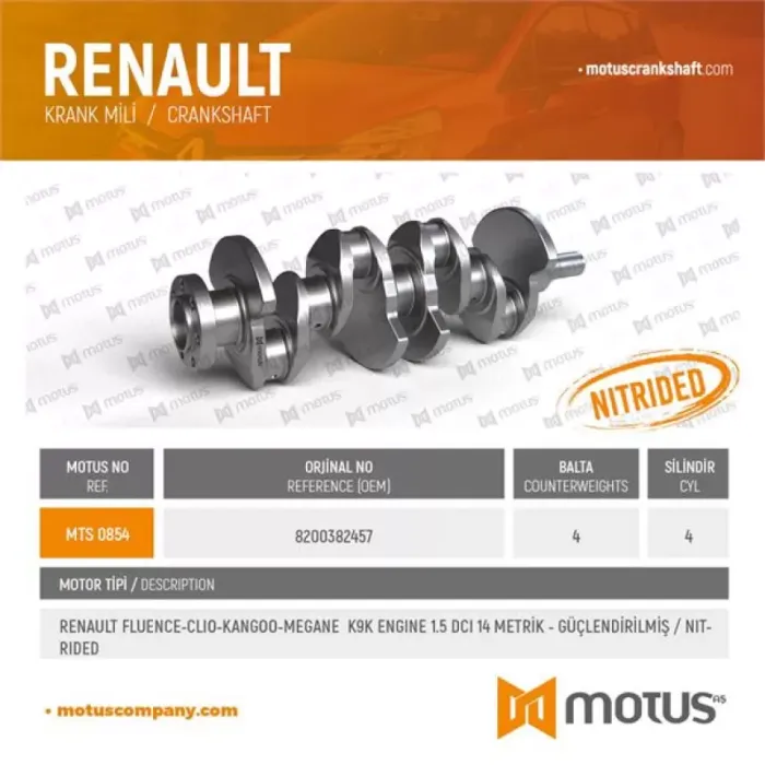 Krank Clio 3 04> Clio 4 12> Kangoo 98> Megane 2 04>Megane 3 09> Logan 04> Fluence 09> Captur 12> Talisman 15> K9K 1.5 Dci 14 Metrik | MOTUS 854 | OEM 122011649R 8200382457