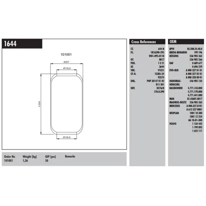 Dingil Korugu (Svm) Roll - Mercedes-Benz / MAN / DAF / Magirus / Volvo / Bpw / Kassbohrer / Dorse | CONNECT M 1644 | OEM 0003270101 3073270001 3273280001