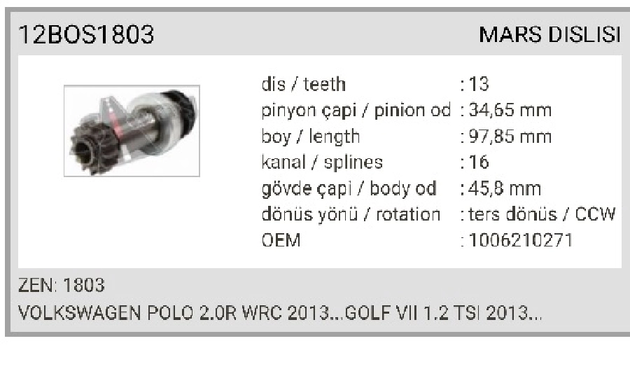 Marş Dişlisi 13 Diş, CCW Bosch Tipi Volkswagen Polo 2.0R Wrc 2013...GOLF 7 1.2 TSI 2013 | OEM 12BOS1803