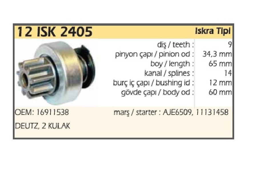 Marş Dişlisi 9 2,6 kW Diş, Cw Deutz, 2 Kulak Marş Jcb Volvo MSX934 | OEM 12ISK2405