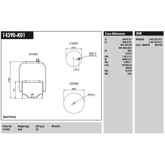 Komple Metal Pistonlu M-Benz Axor Actros Chrysler | CONNECT MD 14390-K01 | OEM 9423202821 9423204921 9423200121