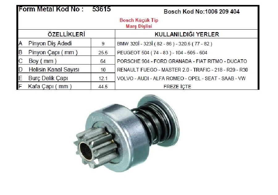 Marş Dişlisi 9D 10K - Bosch Tipi Alfa Romeo, Audi, BMW, Citroen, Fiat, Ford, Gm, Mercedes, Opelk, Peugeot, Rena | OEM 53615