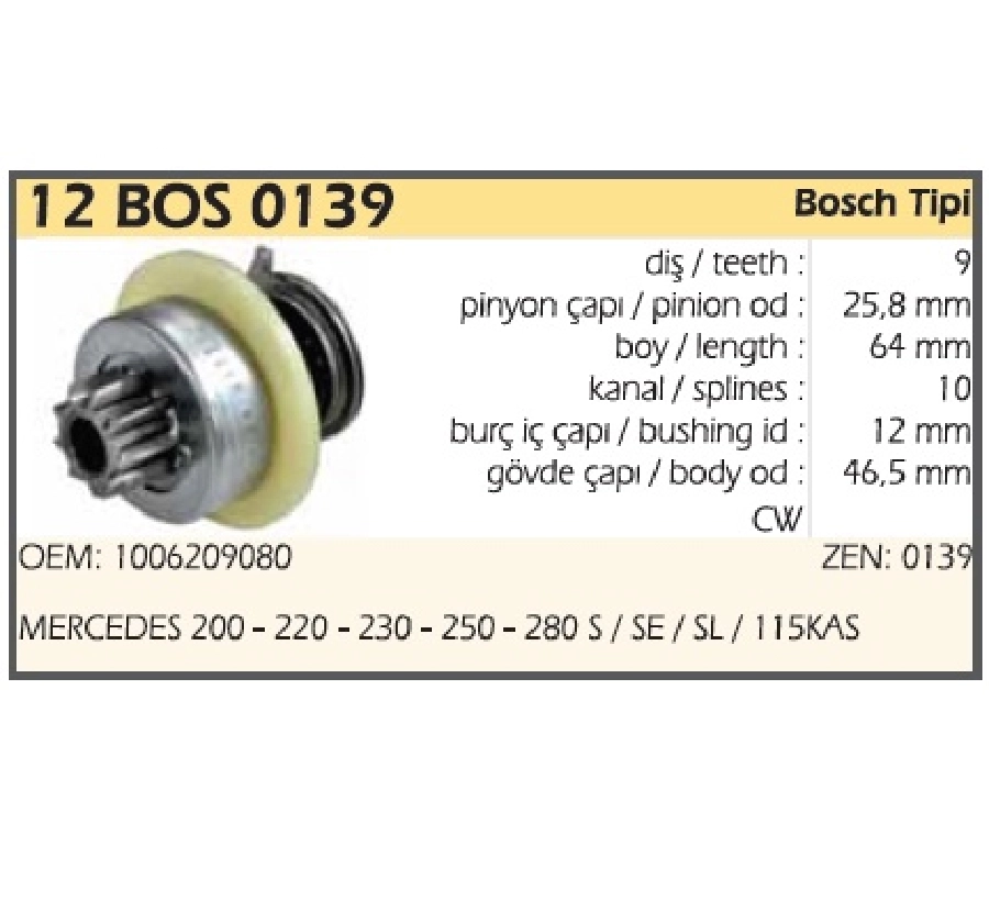 Marş Dişlisi 9D Bosch Tipi (0139) Mercedes 200,220,250,230,230S, Se 0139 | OEM 12BOS0139