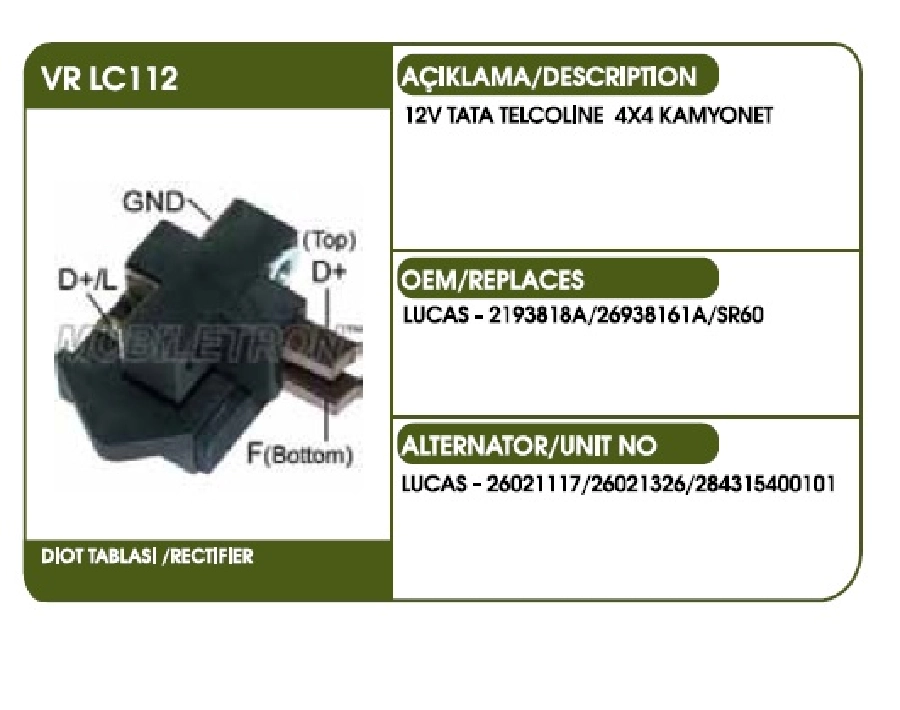 Konjektör Lucas Tip - 12V Tata Pickup Telcoline 4X4 Kamyonet | OEM VRLC112