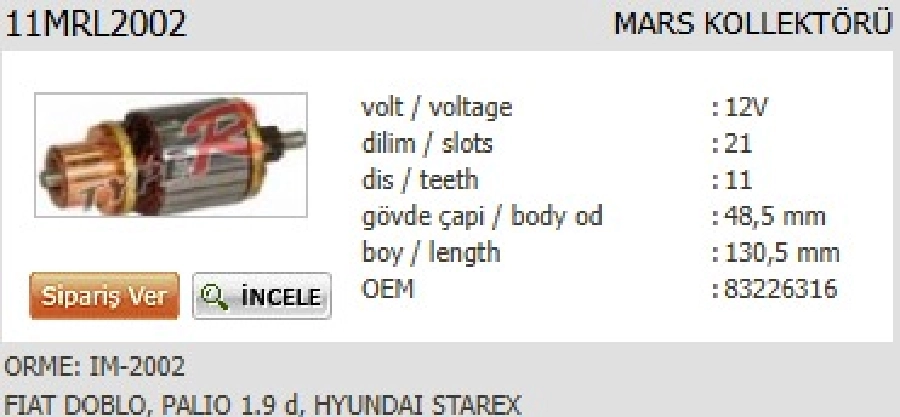 Marş Kollektörü IM2002 12V Fiat Doblo, Palio 1.9 D, Hyundai Starex | OEM 11MRL2002