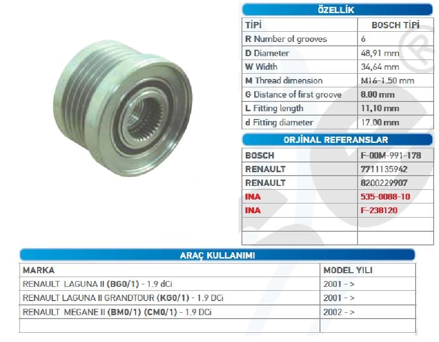 Alternatör Kasnak Bilyalı - Renault Laguna 1,9DCİ 2001 ve sonrası Megane 2 1,9DCİ 2002 Wut 1102.0086 KSN91294 | OEM WUT.1102.0086