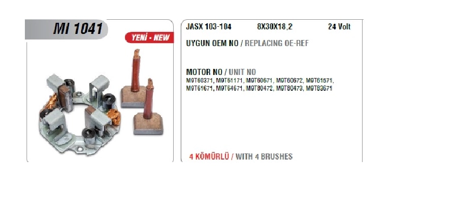 Marş Kömür Yuvası 24V Komatsu Pc 300 - 2 JASX103, 104 (Uygun Kömür:JASX103, 104) | OEM MI1041