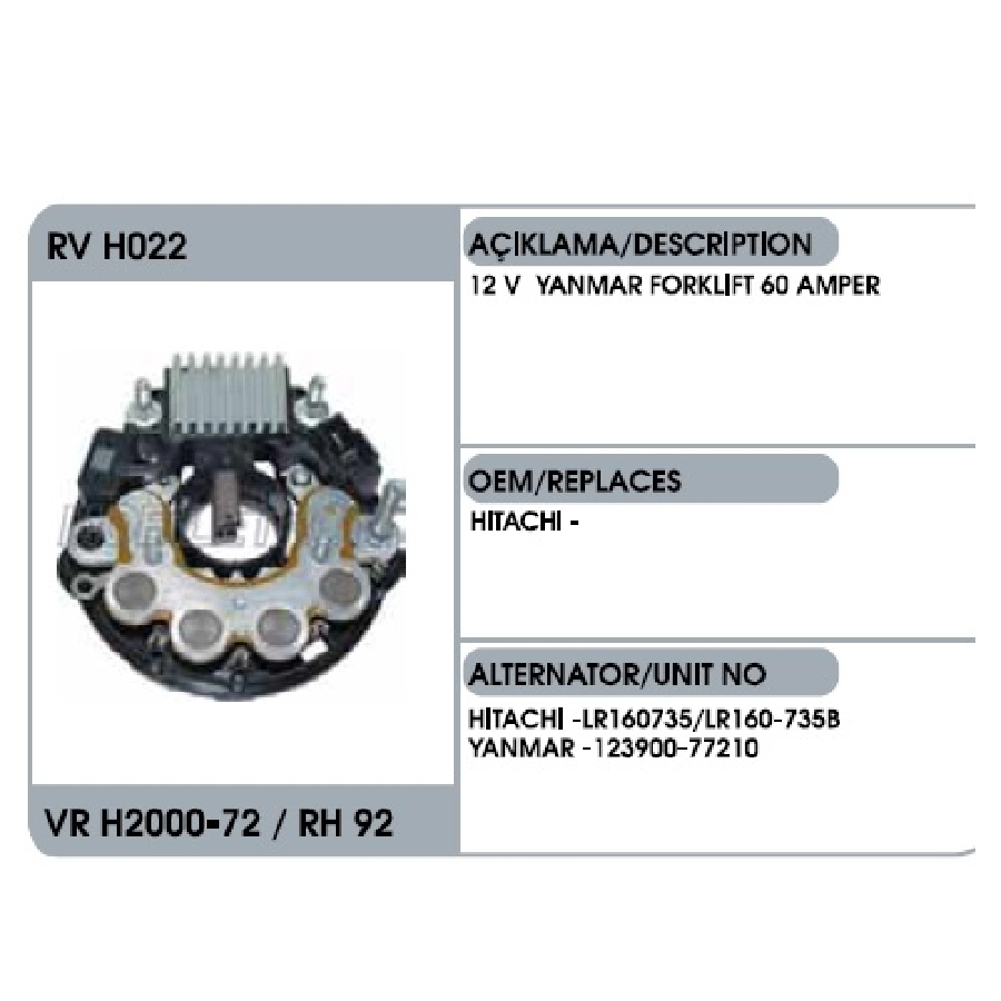 Konjektör + Diyot Tablası Set - 12V 60AMP Yanmar Forklift Dik Soketli Çapı:102mm Ig-L Uçlu | OEM RVH022