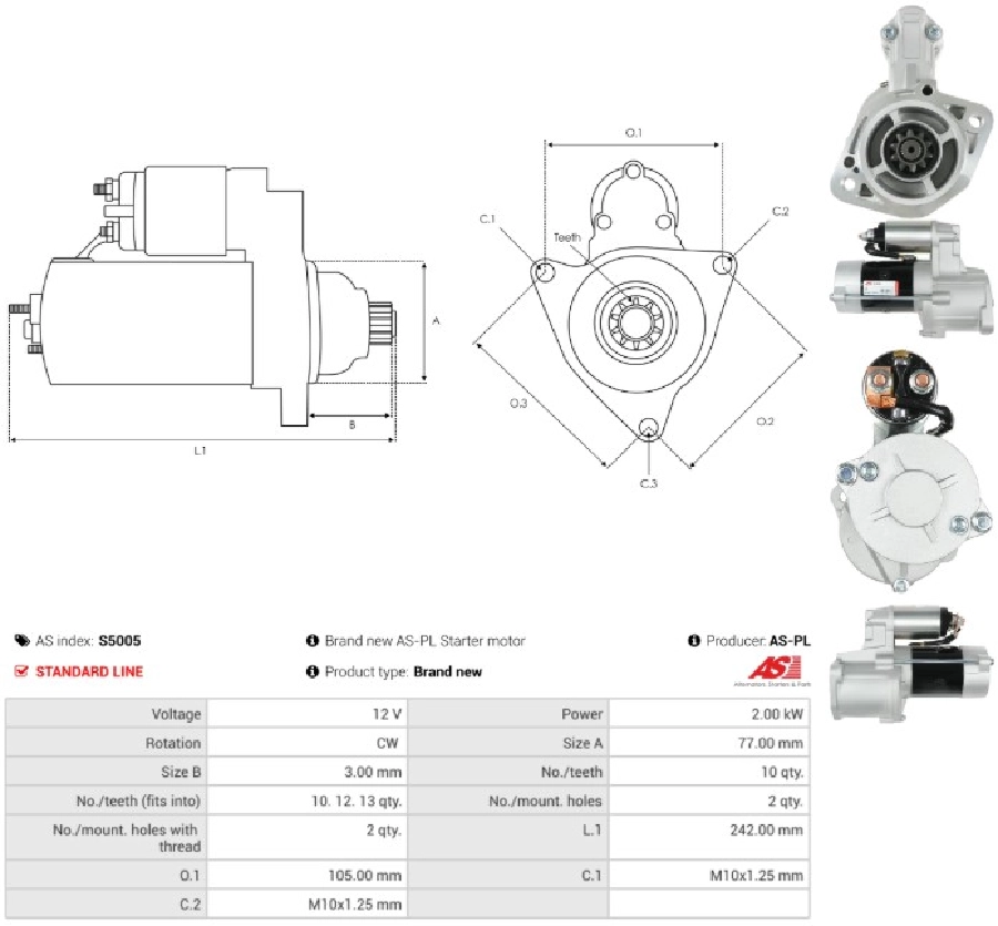 Marş Motoru 12V 10D 2,0 kW Mitsubishi Tip H100 2.5CRDI Levend Megastar L300 2.3L 1998 ve sonrası | OEM S5005