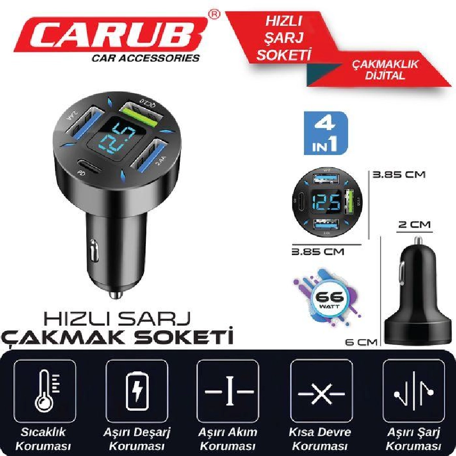 Araç Çakmak Hızlı Şarj Soketi 4İN1 Digital | OEM BR5901848