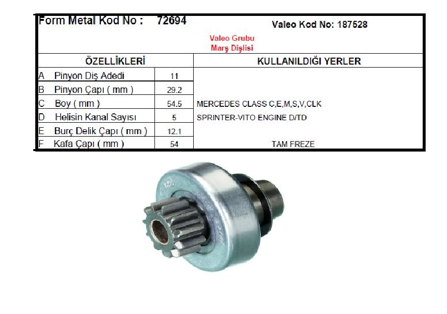 Marş Dişlisi 11D 10 Kanal Valeo Tipi Mercedes Class C, E, M, S, V, Clk-Sprinter-Vito | OEM 72694