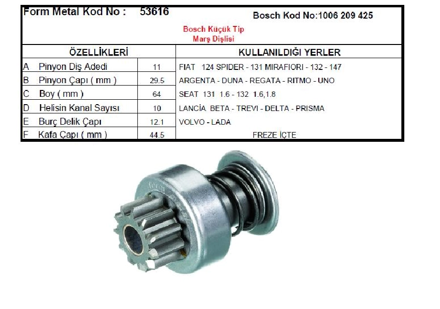 Marş Dişlisi 11D Bosch Tipi (0111) Fiat Doğan Şahin 131 1,6L, Regata Tempra Tipo Uno Lada Samara Niva | OEM 53616