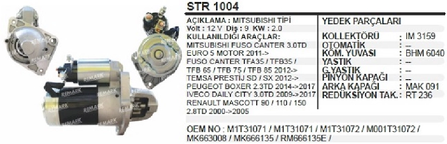 Marş Motoru 12V Mitsubishi EURO5 Fuso Canter, Iveco Daily | OEM STR1004