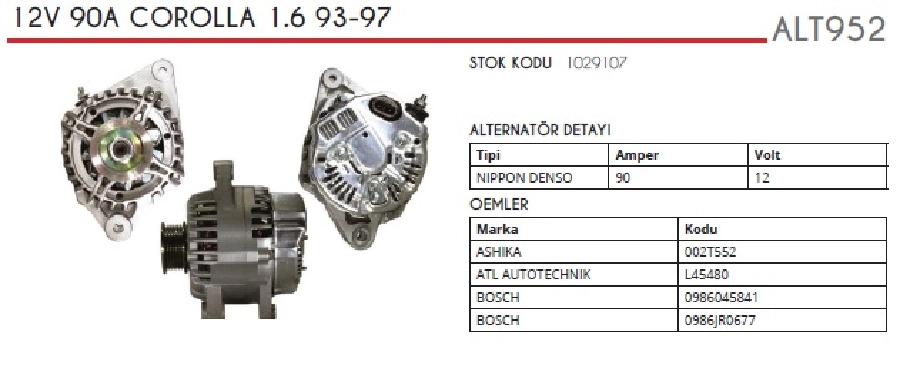 Alternatör 12V 90A N Denso Tipi Toyota Corolla 1,6İ Ae 1993-1997, Yaris 99 -, 6 Kanallı Kasnak | OEM ALT952