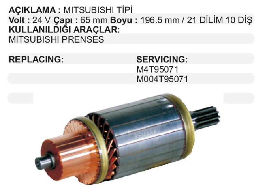Marş Kollektörü Mitsubishi Tipi 24V Marathon Prenses 6.0KW, Furukawa, Kobelco Loder BOY:196,5 CAP:65 Dış | OEM IM3034R