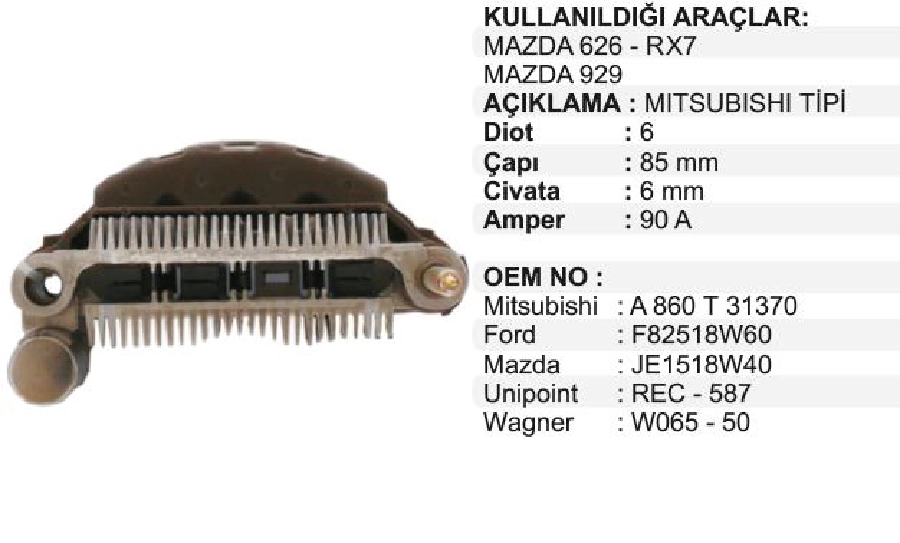 Diyot Tablası Mitsubishi Tipi 85mm Mazda 626 2.0L 16V 1997, RX7, 929 Honda, Ford Usa | OEM VMR8544