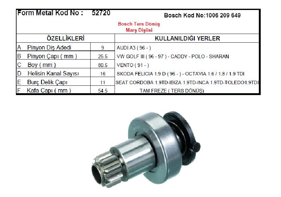 Marş Dişlisi 9D Bosch Tipi Delik Çapı:11mm Kanal:16 Golf-Passat, Felıcıa, Audi A3, Octavia 1.6, Renault Espa | OEM 52720