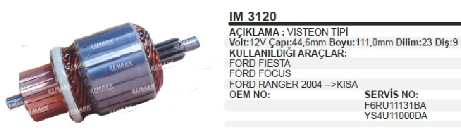 Marş Kollektörü 12V. Çap 44.6mm Boy 111mm 9D Ters Dönüş CCW Ford Fiesta, Fusion, Focus, Ranger, Connect, 2004 | OEM IM3120