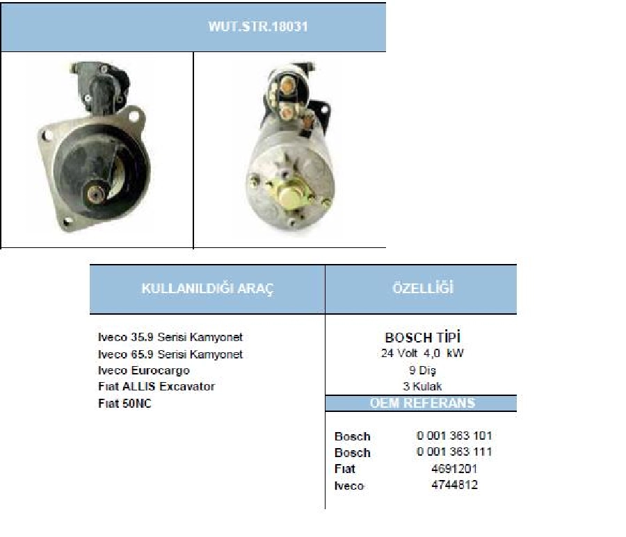 Marş Motoru 24V. 9D. 4.0 kW Bosch Tipi Fiat 35NC-50NC, Iveco M23-M25-65.9 Wut 1107.0099 | OEM WUT.1107.0099