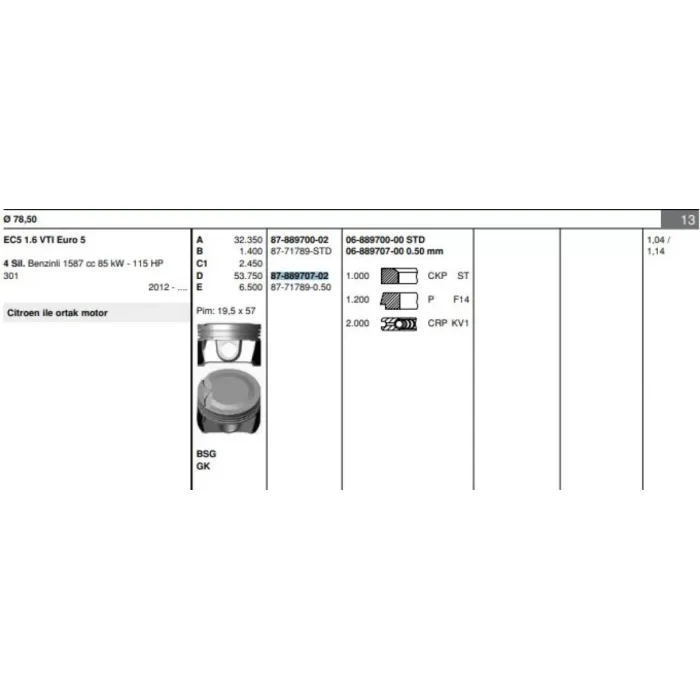 Piston Segman (78,50MM) / (0,50 Farkli) P301 C Elysee P208 13> P308 2 14> EC5 / EC5F (1,6 Vti 16V EURO5) | GOETZE 8771789050000G | OEM 1609266080 1615658080