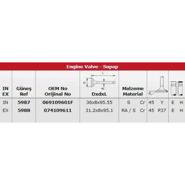 Subap Takimi Transporter 8MM 1,9D (In 4 / Ex 4) | GUNES 5987-5988 | OEM 069 109 601F 074 109 611