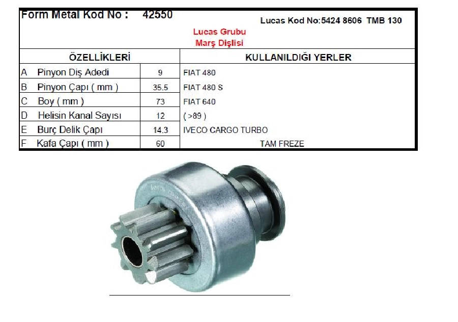 Marş Dişlisi 9D Lucas Tipi (1411) İveco Cargo Turbo Alfa Romeo-Lancia-Fiat Traktör 480 540 Eski Model | OEM 42550