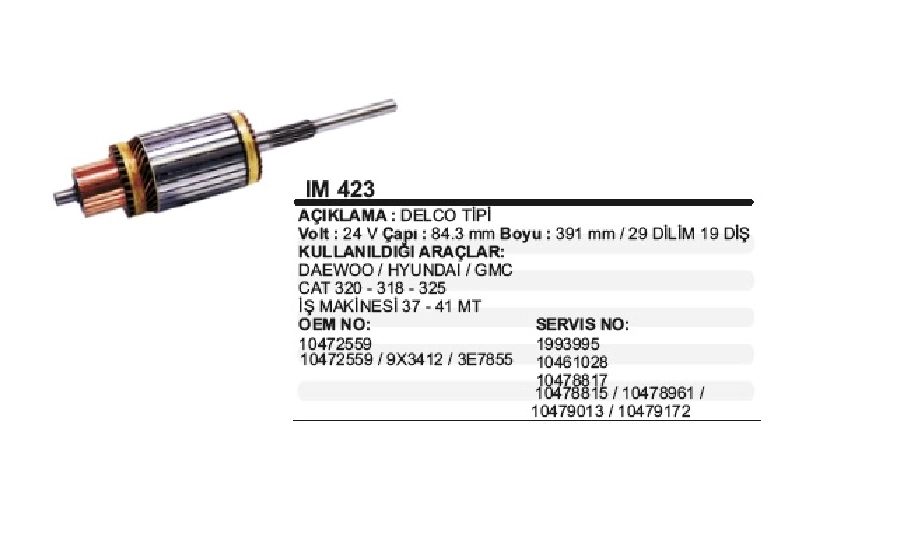 Marş Kollektörü Delco Tip 24V 37-41 Mt Cat 318-320 Daewoo Hyundai Düz Freze 29 Dilim 19 Diş Çap 84,3 2000 U | OEM IM423