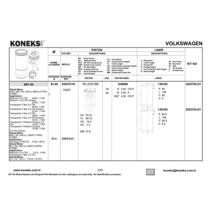 Piston+Segman (81,01MM Std (5 Silindirli Motorun 1, 2, Pistonlari) Transporter T5 03>09 Touareg 03>10 2,5TDI (130 / 163 / 174 Ps) Axd Axe Bac Blj Blk 03>10 | KONEKS 239370-01 | OEM