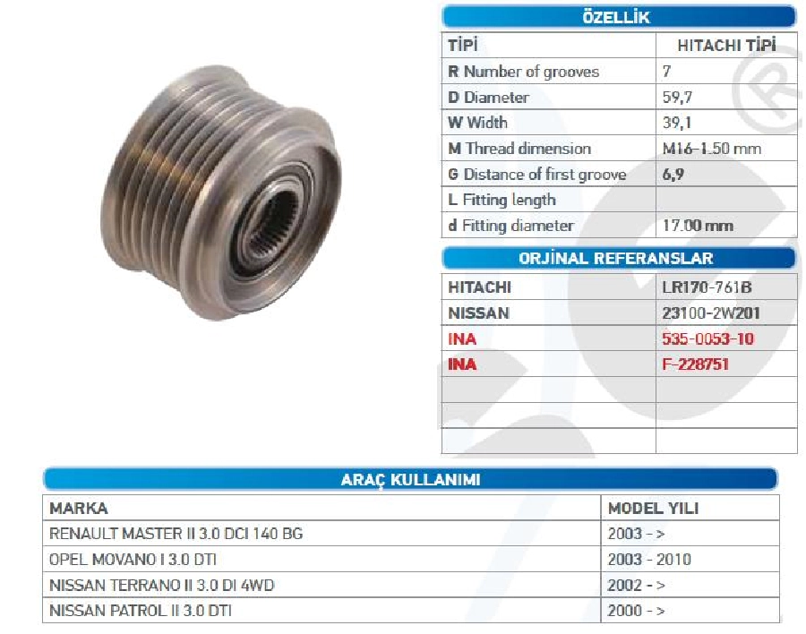Alternatör Kasnak Bilyalı - Renault Master 2 3,0DCİ 140BG 2003 ve sonrası 90A Hitachi Wut 1102.0084 KSN81109 | OEM WUT.1102.0084