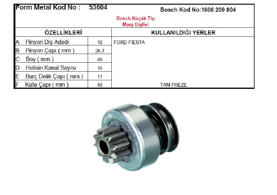Marş Dişlisi-10D 16K Bosch Tipi Ford Fiesta 12,1.4,1.6 16V-Focus 1.4,1.6 16V, Mazda 2, Volvo C30 S40 | OEM 53604