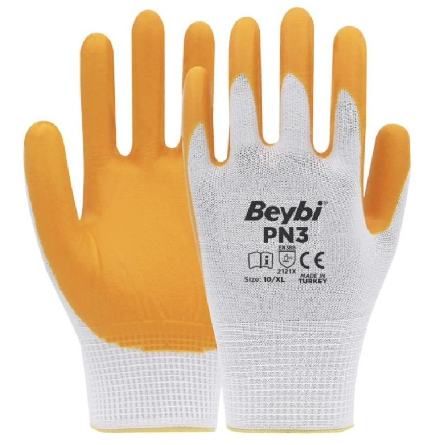 Polyester Örme Nitril İş Eldiveni (2 Adet) PN3 Beyaz-Sarı | OEM PN3 BEYAZ-SARI