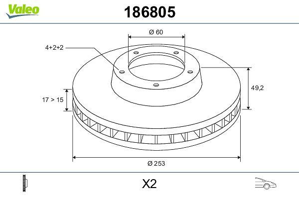 On Fren Diski Agila 1,0 I / 1,2 I / 1,3 CDTI 00 | VALEO 186805 | OEM 4706749 4706749 4707288 93176389 4707288 93176389