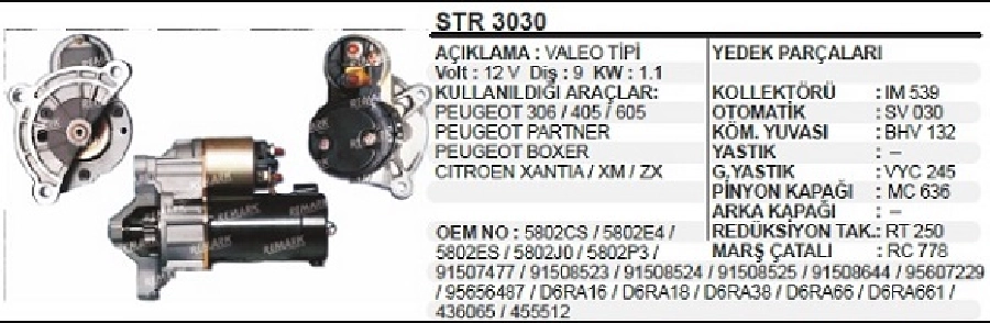Marş Motoru 12V 9D 1,1 kW Valeo Tipi Citroen C4 -C5-C8-Xsara 2.0 Pejo 206-307-406-407-807 2.0İ, Fı | OEM STR3030