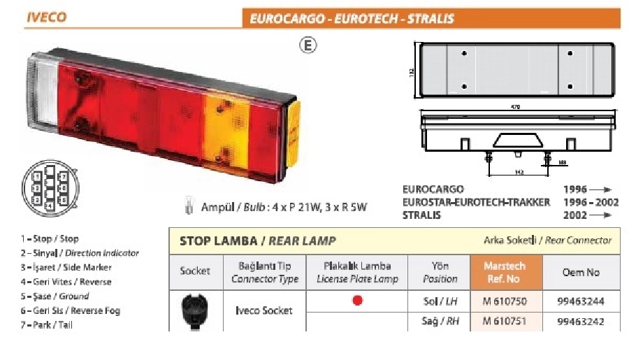 Iveco Eurocargo-Eurostar-Stralıs Stop Lamba, Plakalı, Iveco Soket Soketlı | OEM M610751