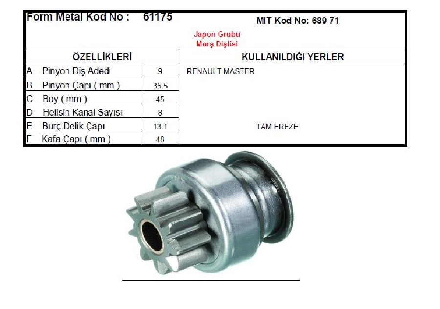Marş Dişlisi 9D Mitsubishi Tipi Renault Master Mitsubishi Canter Fuso Prestige | OEM 61175