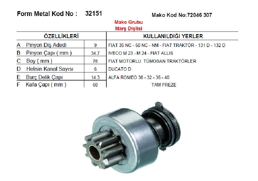 Marş Dişlisi Çatalsız 9D-6K-DAF Mako Marelli Tipi Alfa Romeo-Fiat Allıs Fiat Trk-35NC-50NC Yeni Model | OEM 72315661