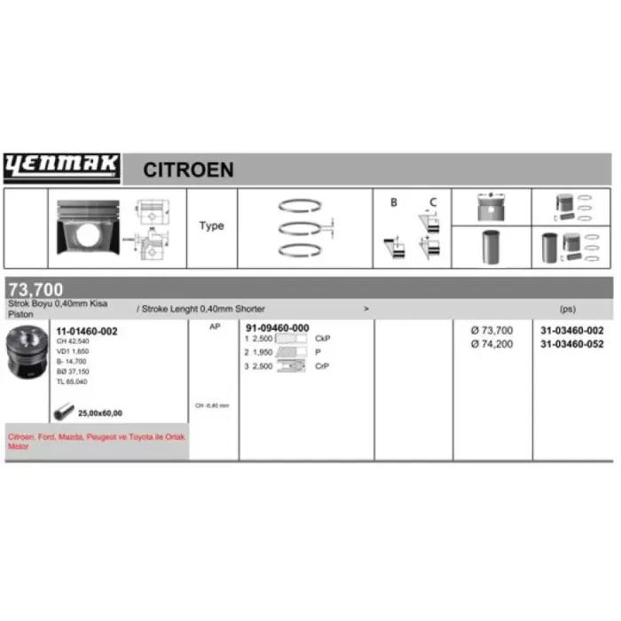 Piston Segman P107 P1007 P206 P307 Bipper Nemo C1 C2 C3 DV4TD (1,4HDI 8V) Ford Fiesta 1,4TDCI (73,70) / (Std 0,40 Kısa) | YENMAK 31-03460-002 | OEM 2S6Q 6K108 AA 0628N7 0628V2