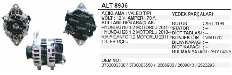 Alternatör Valeo 12V 70A Hyundai I10, I20 1,2 2011 ve sonrası | OEM ALT8936