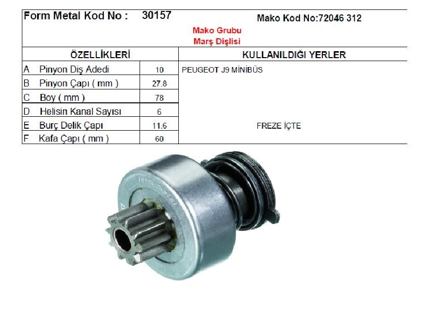 Marş Dişlisi Mako Tip Çatalsız 10D-İf - J9 Eski Model BOY:78 Pinyon Çapı:27,8 | OEM 30157