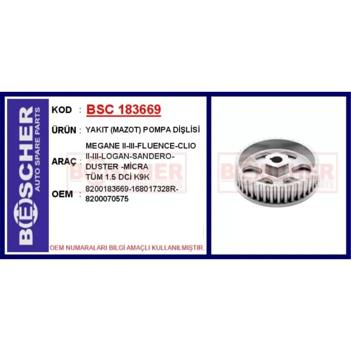Yakit (Mazot) Pompa Dislisi Megane 2-3-Fluence-Clio 2-3-Logan-Sandero-Duster -Micra Tüm 1.5 Dci K9K | BSC 183669 | OEM 8200183669 168017328R 8200070575