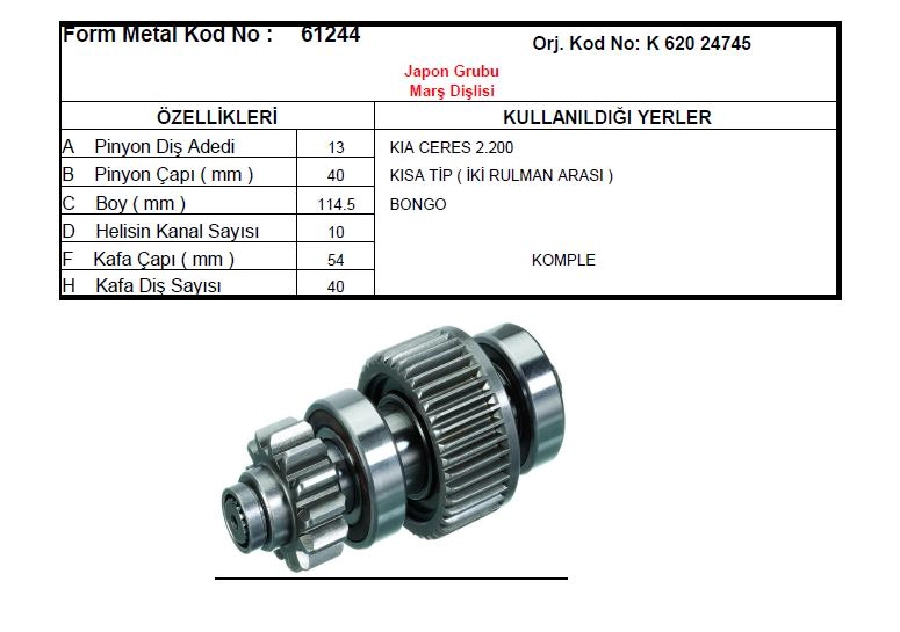Marş Dişlisi 13 Diş, Cw Mazda 2200, Kia Ceres 2200 Kısa Tip (İki Rulman Arası) Bongo | OEM 61244
