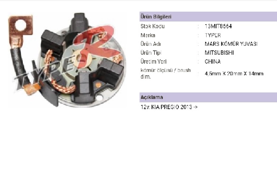 Marş Kömür Yuvası Mitsubishi Tip 12V Hyundai H-1, Kia Pregio Bongo 2500 | OEM 13MIT8664