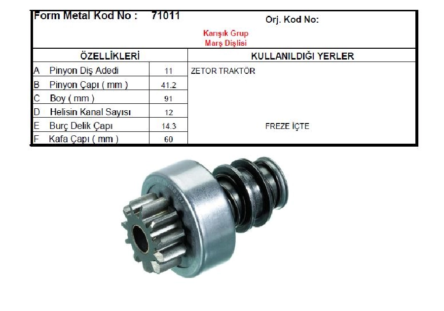 Marş Dişlisi 11D 12 Kanal Pal Tipi (0902) Zetor Traktör | OEM 71011